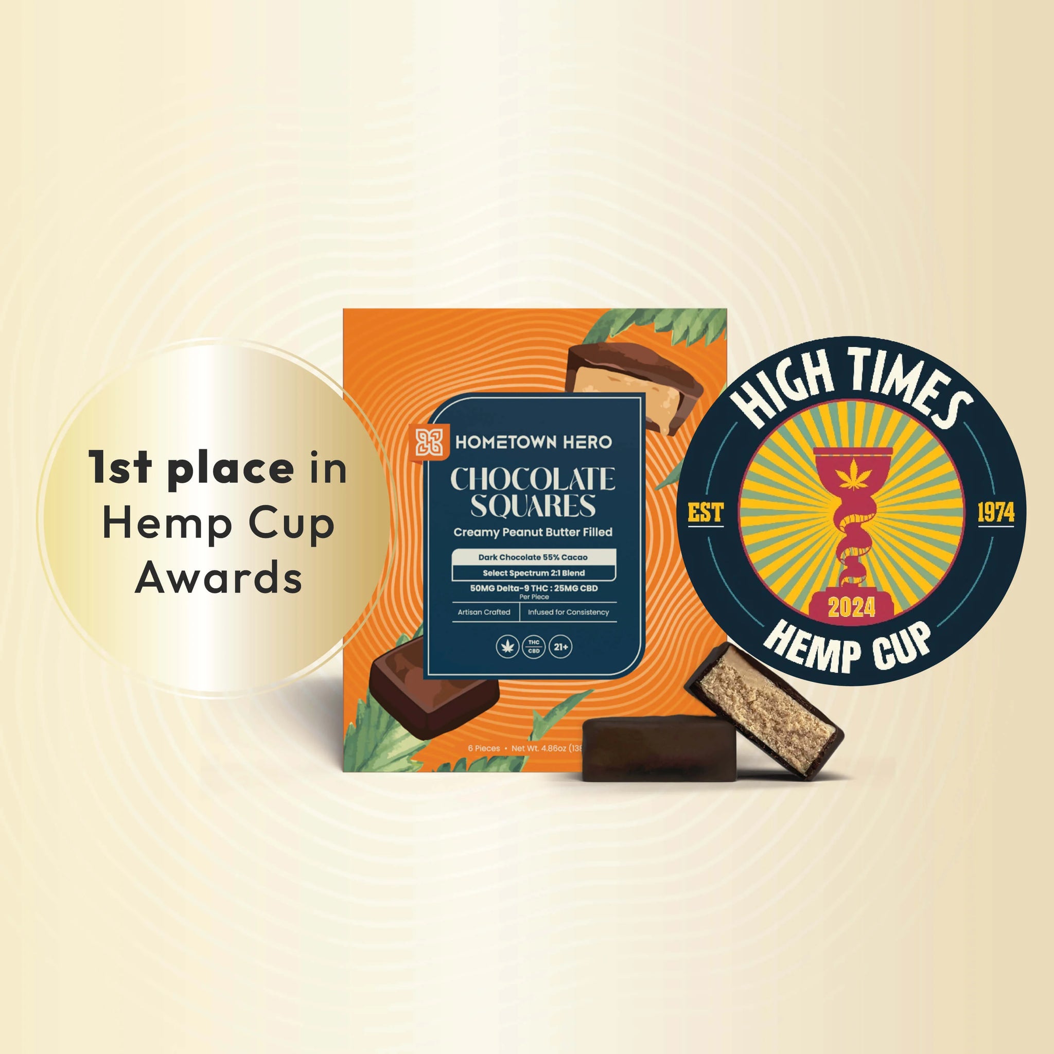 Hometown Hero Dark Chocolate Peanut Butter Squares 50mg THC + 25mg CBD